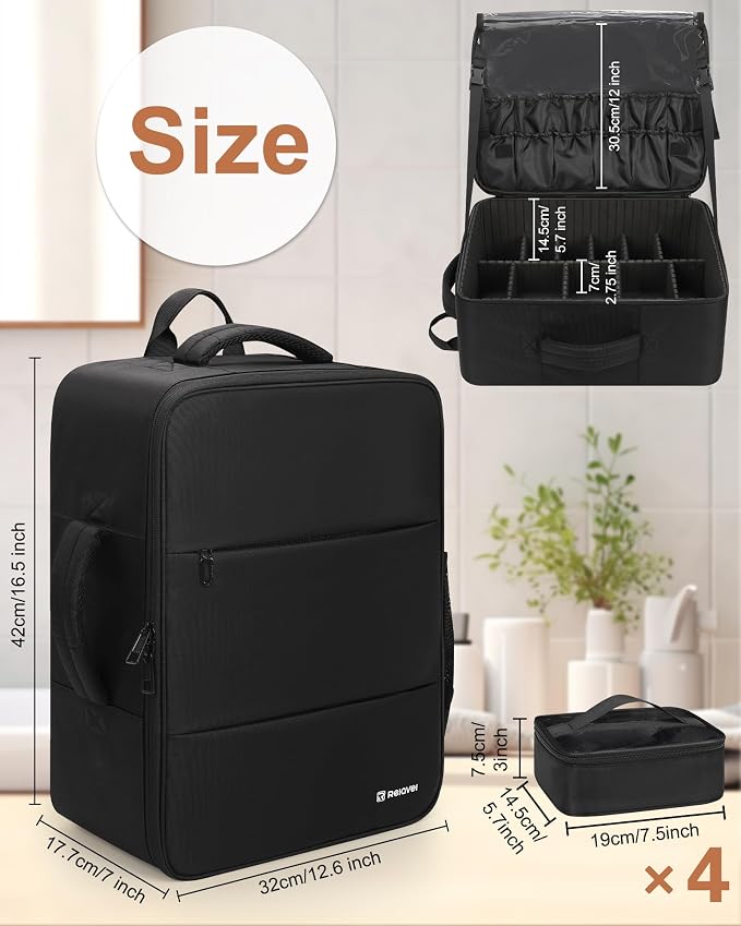 Relavel Makeup Backpack Extra Large Travel Train Case Professional Makeup Artist Kit Set Bag with 4 Clear Bags, Brush Storage Organizer Box with Dividers for Cosmetic Hair Tools Barber Supplies, Black - Image 5