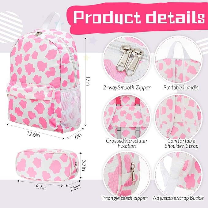 Redbaker 6 Pcs Kids Luggage Set, 17 Inch Rolling Suitcase with Backpack Lunch Bag Neck Pillow, Pink and White Cow Travel Set for Summer Vacation Sleepover Back to School Gift - Image 4