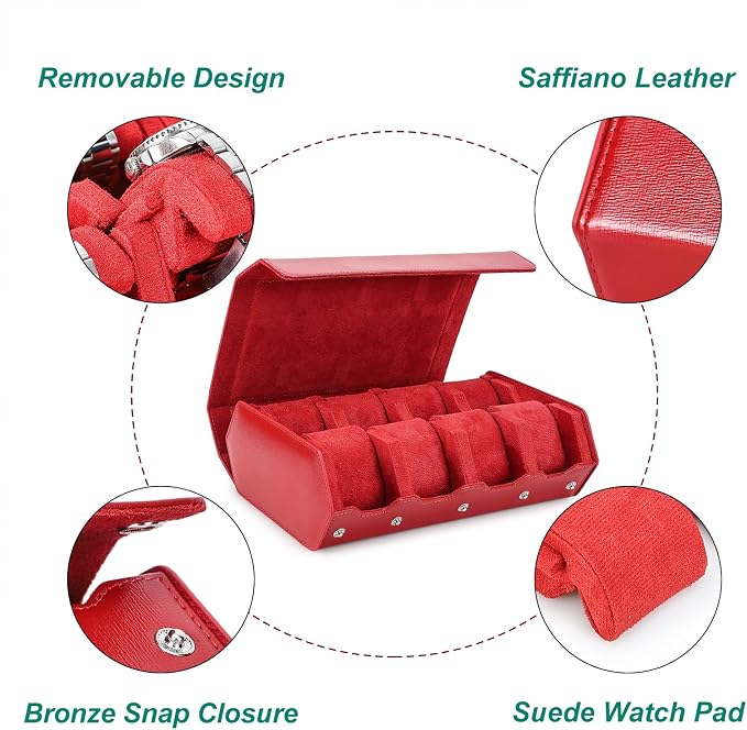 Hiram SaffianoLeather Hexagon Watch Roll Travel Case, Leather 8-Watches Roll Case with Removable Pillow Cushion for Treasured Watches and Bracelets-RED - Image 3