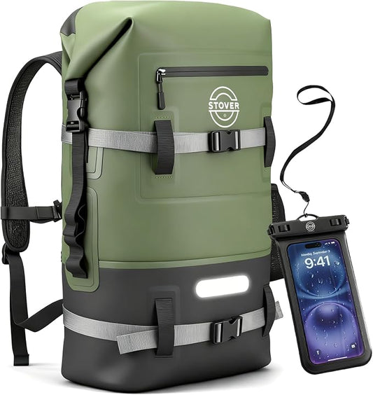 STOVER 30/40/55L Waterproof Dry Backpack & Phone Case - Large Floating Dry Bag for Kayaking, Travel, Hiking, Fishing, Camping, Motorcycles & Beach, Heavy-Duty Roll Top Men/Women (Green) by STOVER