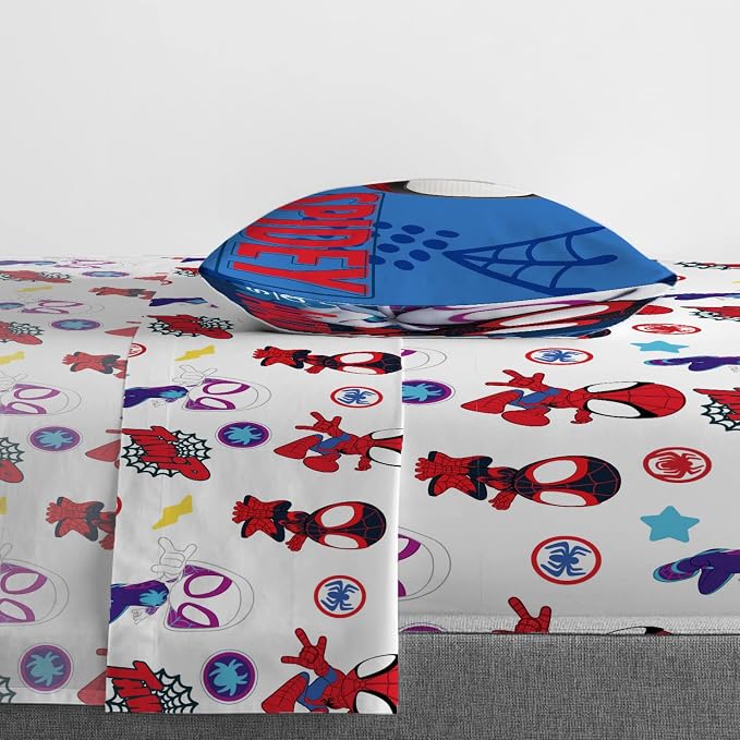 Jay Franco Kids Sheet Set with Fitted, Flat Sheets & Pillow Cover - Ultra-Soft Bedding with Pillowcase for Room Decor, White - Spidey & Friends, 3 Piece Toddler - Image 6