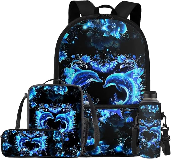 Dolphin Backpack for Girls Kids Backpack with Lunch Box Water Bottle Pouch and Aesthetic Pencil Case 4PCS Set Cute Bookbag with Front Pocket for School Teens 17 inch Large Capacity School Bag by ELEDIZI