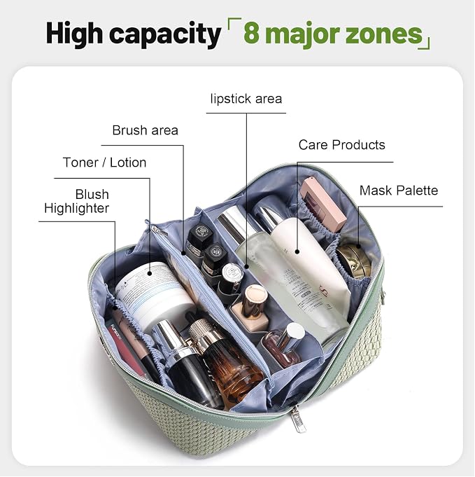 BOYATU Travel Makeup Bags for Women: Large Capacity Make up Bag with Wide Opening - 3 Pcs Set Waterproof Travel Toiletry Organizer for Full-Sized Bottles, Cosmetics & Brushes (Light Green-W) - Image 3
