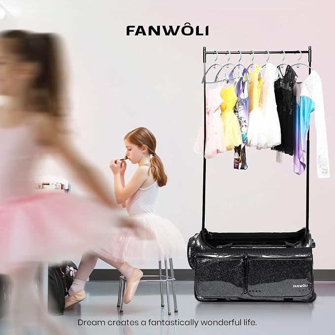 Fanwoli 23" Dance Bag with Garment Rack | Glittering Waterproof Fabric & Upgraded Stable System | Shine-Bright Collection | Ideal Competition Duffle Bag for Dancer Athlete Livestreamer | Sparkle Black - Image 7