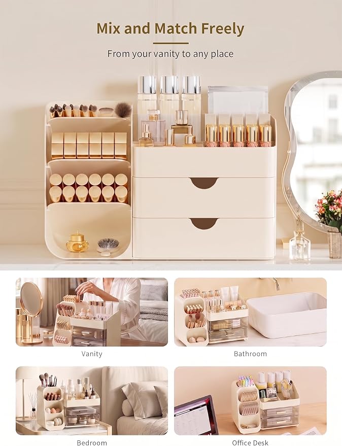 Booklov Small Makeup Organizer for Vanity and Bathroom Countertop, Cream | Plastic Cosmetic Display Case with Drawers, Beauty Brush Holder for Dresser Counter Skin Care Eyeshadow Lipstick Storage - Image 7
