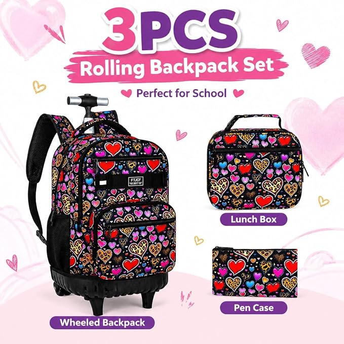 3Pcs Rolling Backpack for Girls, 19 Inche Women Roller Bag with Wheels for Adults, Wheeled Bookbag with Lunch Box(Brown) - Image 8