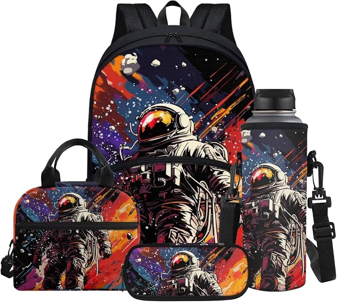 Tie-dye Galaxy Astronaut Backpack for Boys School Bag Large Capacity Bookbag with Thermal Lunch Box & Water Bottle Cover & Zipper Pencil Case for Camping Hiking Travel by Glomenade