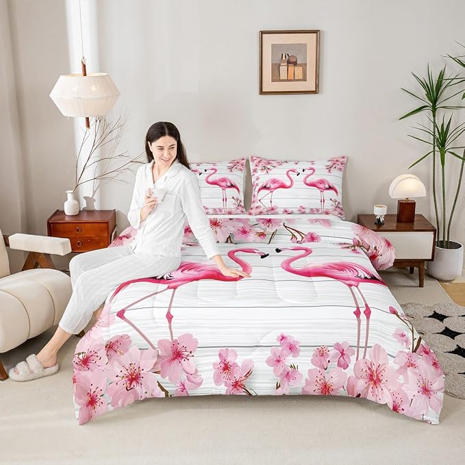 Erosebridal Flamingo Bedding Set King,Cherry Blossoms Comforter Set for Girls Boys Teens Women,Pink Tropical Bird Animal Comforter Flower Rustic Wooden Board Quilt Duvet Sets with 2 Pillow Cases - Image 3