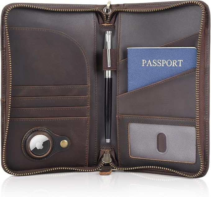 Polare Full Grain Leather Passport Holder With YKK Zipper RFID Blocking Travel Document Organizer Ticket Holder Cover Case Holds 2 Passports (Dark Brown with AirTag Slot) by polareoriginal