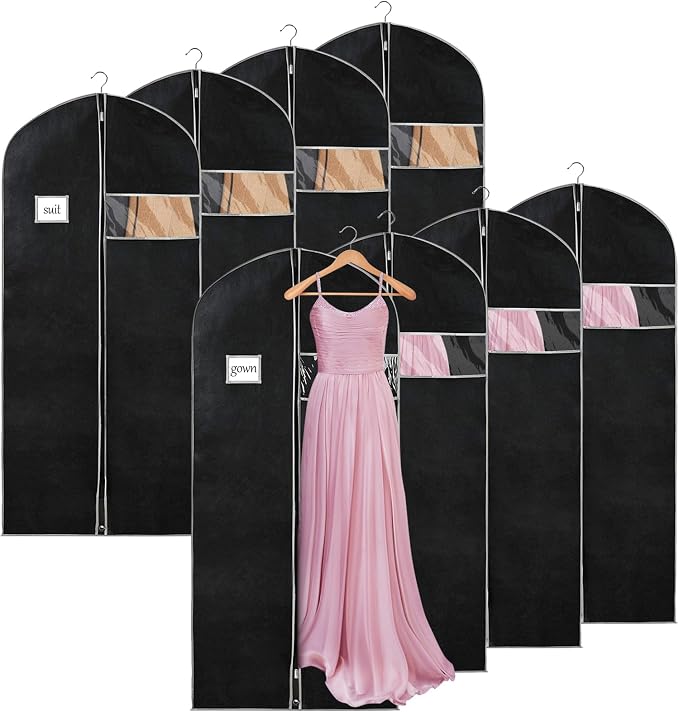 Syeeiex 60'' Dress Bags for Gowns, Set of 8 Garment Bags for Hanging Clothes, Dress Garment Bag, Dustproof and Keep Closet Tidy,Perfect for Suits,Evening Dresses,Fur Coat,Long Dress Gown(Black&Grey) - Image 2
