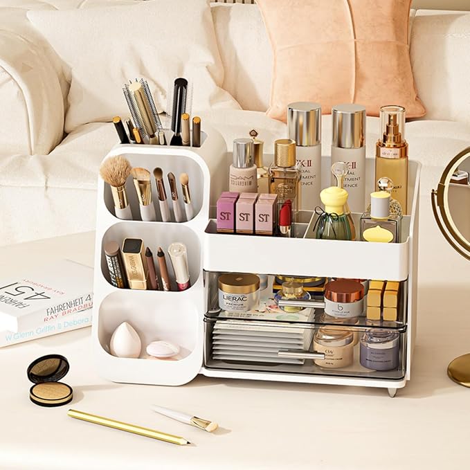 Booklov Makeup Organizer for Vanity, Large Capacity Cosmetic Display Case with Clear Acrylic Drawer, Countertop Beauty Storage Holder for Skincare, Brush Eyeshadow Lipstick, Counter Desk, Crystal Pink - Image 9
