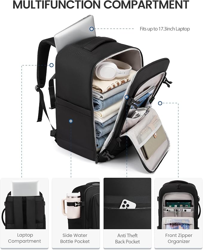 LOVEVOOK Travel Backpack for Men Women, 40L Carry on Backpack Flight Approved with 3 Packing Cubes, Extra Large Personal Item Bag Fits 17.3 inch Laptop for Airplanes, Water Resistant Daypack, Black - Image 4