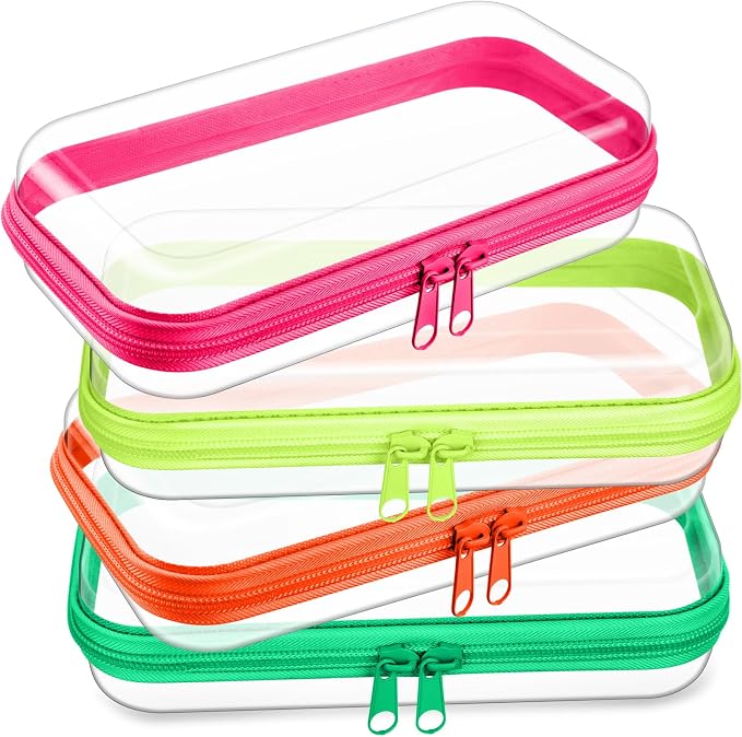 Hoolerry 4 Pcs Hard Clear Zipper Case Makeup Bags Plastic Zipper Pouch Transparent Storage Box Containers for Cosmetics, Snacks, Building Blocks, Puzzles(Clear,7.5 x 3.9 x 2 in,Fluorescent) by Hoolerry