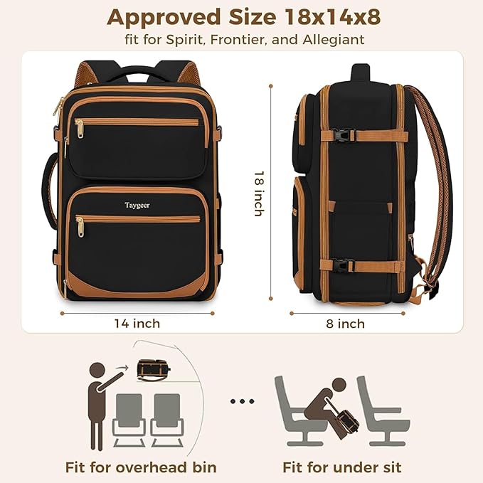 Taygeer Frontier Airlines Personal Item Bag 18x14x8, Carry on Backpack 40L | Underseat Travel Backpack for Women & Men with Makeup Compartment & Wet Bag, Fits Spirit Frontier Allegiant, Black Brown - Image 3