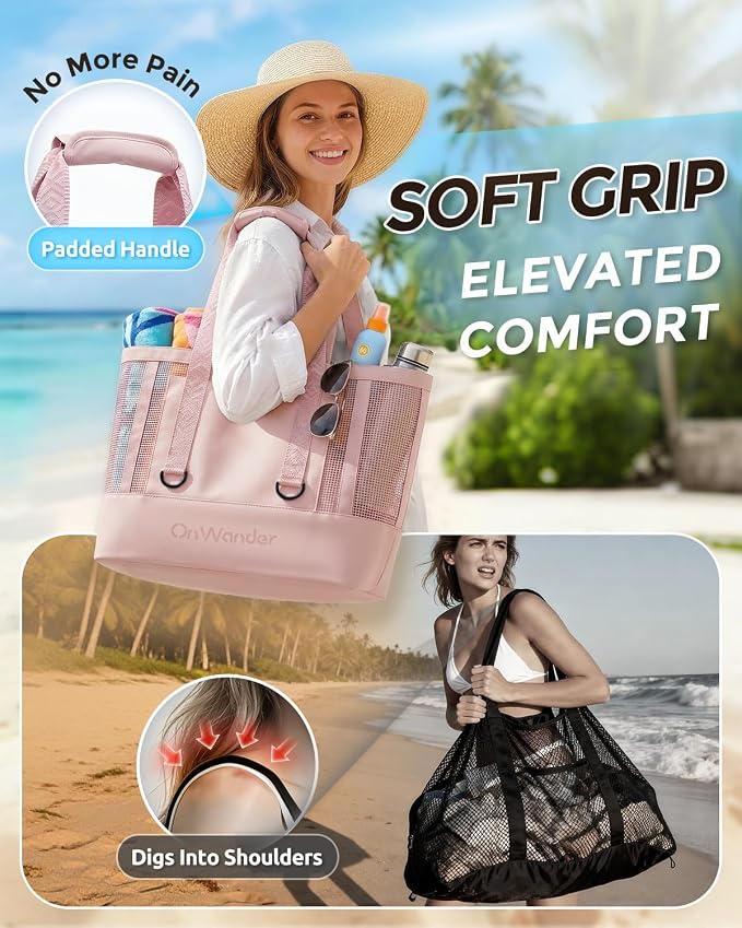 Large Mesh Beach Bag, Waterproof Bottom Tote, Structured Design Waterproof Pocket, Sandproof Pool Bag for Cruise Gym - Image 7