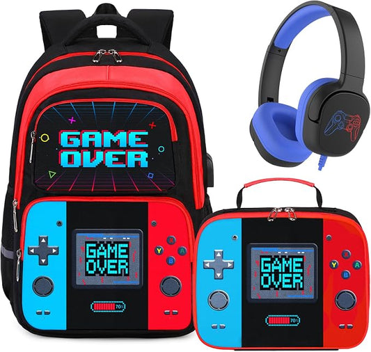 Bevalsa Backpack for Boys, School Bags for Kids with 3.5mm Jack Wired Headphones, Lunch Box & Pencil Case, Gamer Backpack for Kids Children Teens for Elementary Middle School Student (Red Blue) by Bevalsa