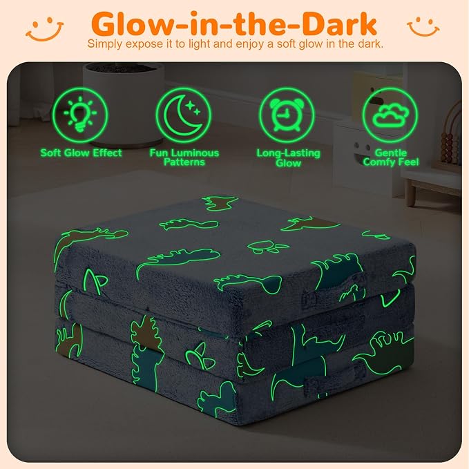 MeMoreCool Glow Dino Kids Foldable Floor Mattress Trifold, 57x22 Inch Blue | Glow dino trifold mattress for kids room, playroom, reading nook and travel - Image 7
