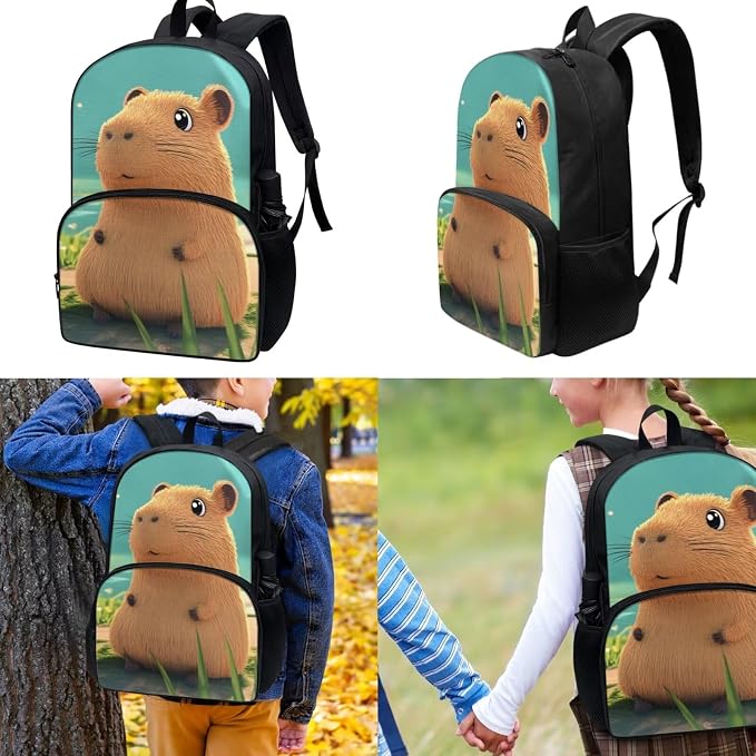 Capybara Bookbag for School Girls Lunch Box Primary School Student Backpack with Lunchbox and Pencil Case Ages 6-8 Kids Cute Backpacks Lunch Bag Set of 3 - Image 3
