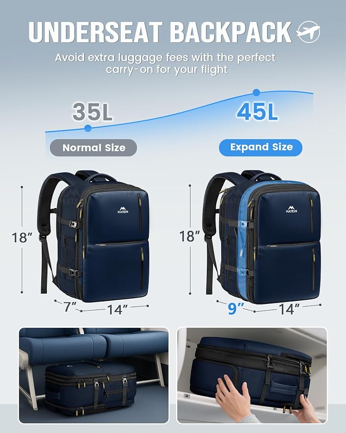 MATEIN Personal Item Backpack 18x14x8, Expandable Underseat Travel Backpack | Large Carry on Bag Luggage, Shoe Compartment Removable, TSA Approved, Fit 17.3 inch Laptop, For Frontier Airlines, Blue - Image 4