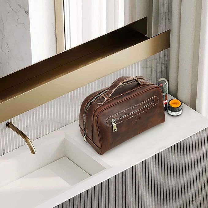 Contacts Full Grain Leather Travel Toiletry Bag for Men Wash Bag Bathroom Shaving Dopp Kit Toiletries Organizer Vintage Cosmetic Bag - Image 3
