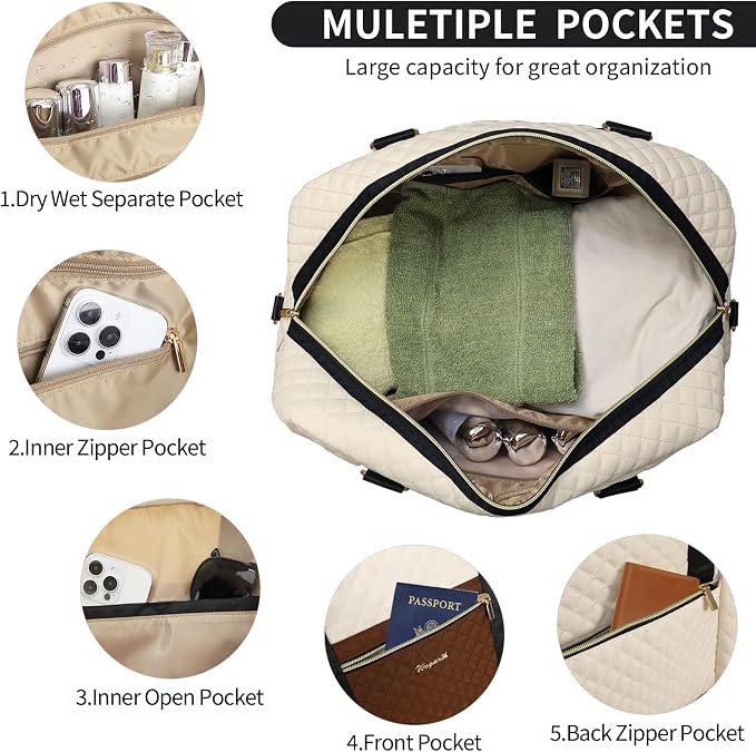 Wogarl 3PCS Weekender Bags for Women Large Overnight Bag Weekend Travel Duffel Bag Carry on Shoulder with Shoe Compartment Canvas Toiletry Bag for Travel Business Gym,Black Beige Brown - Image 4