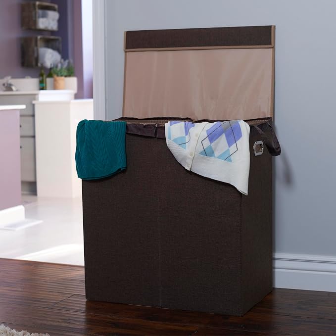 Household Essentials Collapsible Double Laundry Hamper with Lid, Two Compartments and Removable Liner Bags, Brown Finish - Image 3