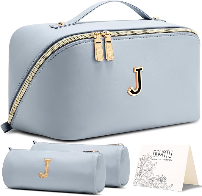 BOYATU Makeup Bag Gift for Women: 3-in-1 Travel Personalized Cosmetic Bag | Initial Make up Bag - Monogram A-Z - Vegan Leather Flat Open Toiletry Organizer - Ideal Gift Set for Birthday Graduation by BOYATU