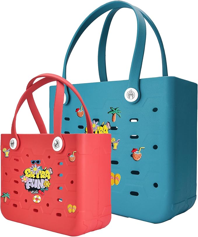 2-Pack Beach Bags Medium & Small,Waterproof Sandproof Rubber Tote Set for Women Men, Vacation Pool Boat Essentials by Unknown