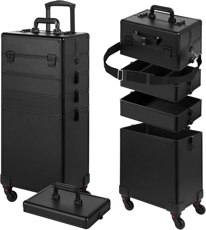 Somduy Rolling Makeup Case, Makeup Train Case with Lid, 5 in 1 Cosmetology Case on Wheels, Christmas Gift, Large Makeup Organizers, Profesional Cosmetic Case for Salon Barber, Black by Somduy