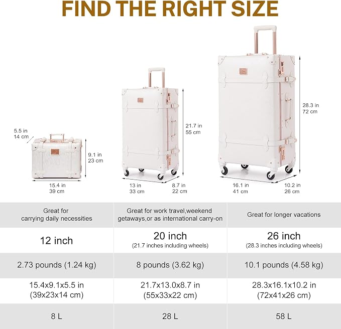 urecity 20" Rose White Vintage Luggage Set 2 Piece, Aluminum Frame Retro Carry On Suitcase with Cosmetic Case, Vegan Leather Spinner Trunk for Women (Clear Cover Included) - Image 6