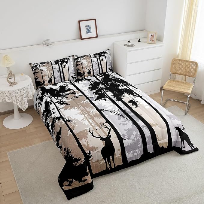 Erosebridal Rustic Deer Comforter Sets for Kids Boys Girls,Vintage Elk Antlers Duvet Insert Twin,Watercolor Trees Landscape Bedding Set,Woodland Animal Wolf Moose Quilt Comforter with 1 Pillowcase - Image 3