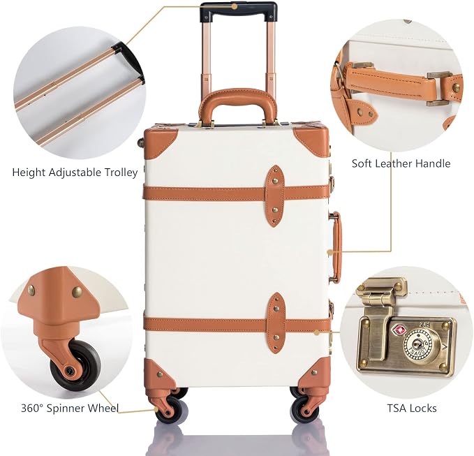 COTRUNKAGE Minimalist 2 Piece Vintage Luggage Sets Travel Carry On Suitcase for Women with Spinner Wheels, Pearl White - Image 3