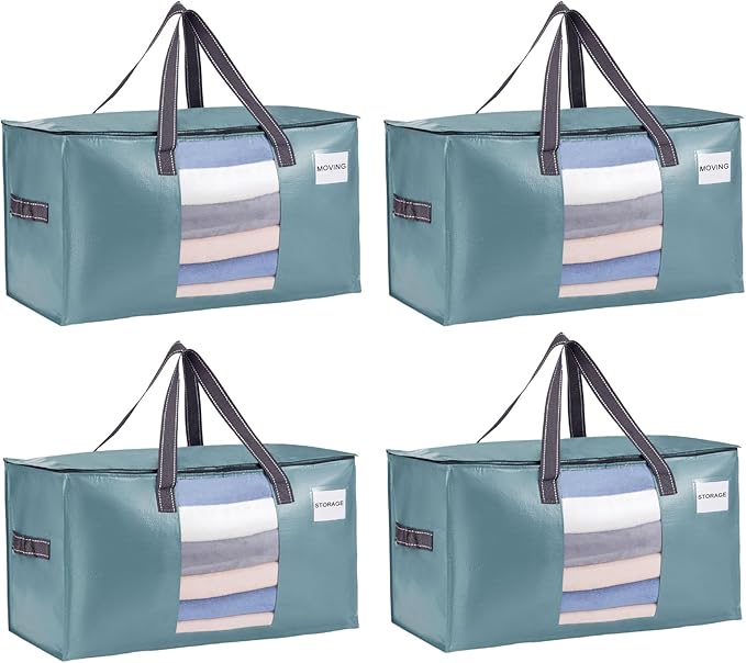 VENO 4 Pack Heavy Duty Moving Bags, Clothes and Comforter Storage Bags with Clear Window, College Dorm Essentials Packing Supplies, Foldable Boxes Alternative (Shiny Light Blue, 4 Pack) by Veno