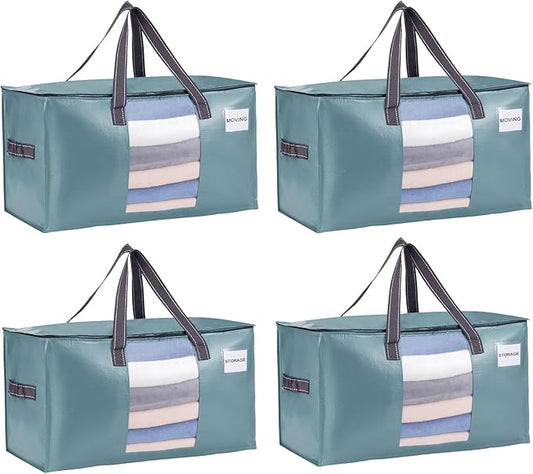 VENO 4 Pack Heavy Duty Moving Bags, Clothes and Comforter Storage Bags with Clear Window, College Dorm Essentials Packing Supplies, Foldable Boxes Alternative (Shiny Light Blue, 4 Pack) by Veno