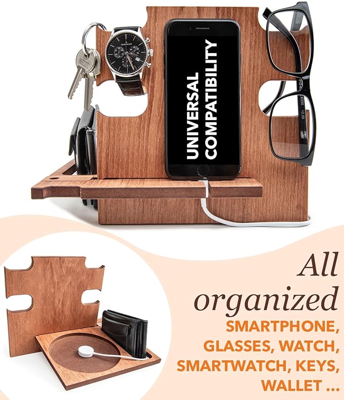 Greta Oto Gifts for Men, Personalized Wood Phone Docking Station for Men,Nightstand Organizer for Him, Phone Stand, Best Personalized Gift idea for Anniversary,Birthday,Graduation