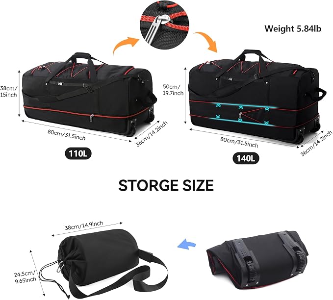 Bagenerous 110L/140L Expandable Soft-Sided Foldable Duffle Bag with 2 Rubber Wheels,Packable 32” Rolling Carry-On with Multi-Pockets & Compartments,Black Red - Image 4