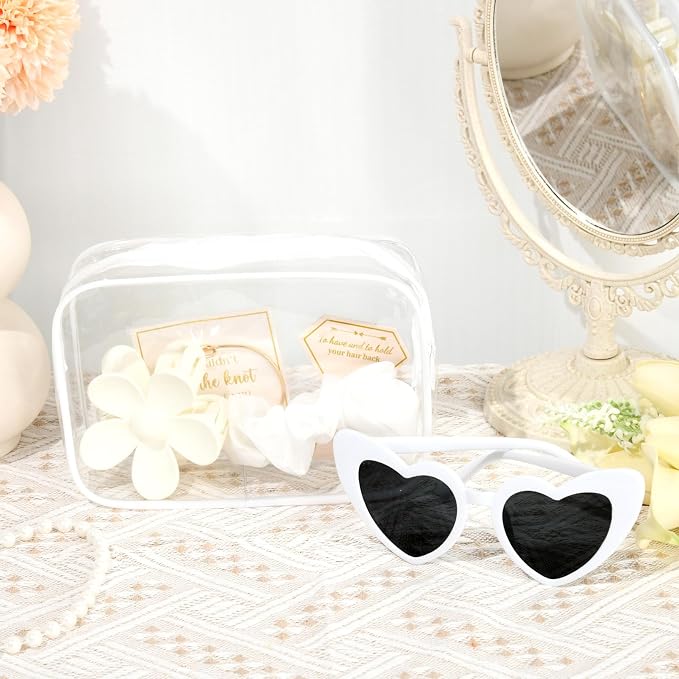 DEEKA 30 Pcs Bridesmaid Proposal Bag Set Gift Clear Makeup Toiletry Bag Bachelorette Party Favors Sunglasses Flower Claw Clips Scrunchies Knot Bracelets Bridal Wedding Party Gifts (White) - Image 7