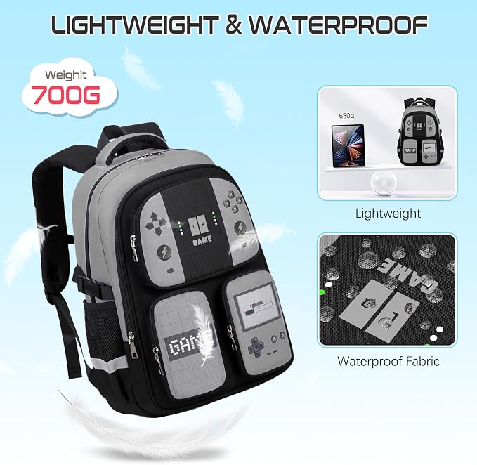 Jafeton Gamer Backpack for Boys, 3PCS Boys Backpack with Lunch Box & Pencil Pouch, Waterproof School Bags for Boy Kids Children Teens, Elementary Middle School, Kids Book Bag Casual Daypack (Gray) - Image 4