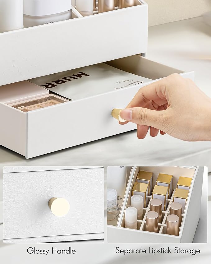 VLANDO Makeup Organizer,Vanity Organizer with Drawers, PU Leather Skincare Organizer Perfume Organizer,Large Cosmetic Display Case for Lipstick,Brushes Gifts for Women-White - Image 5