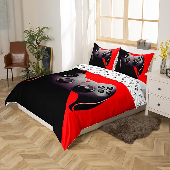 Games Duvet Cover Boys Kids Gamepad Bedding Set Video Game Controller Room Decor Comforter Cover for Teen Girls Player Modern Gamer Console Bedding,1 Duvet Cover with 2 Pillow Cases,Full,Black Red - Image 5
