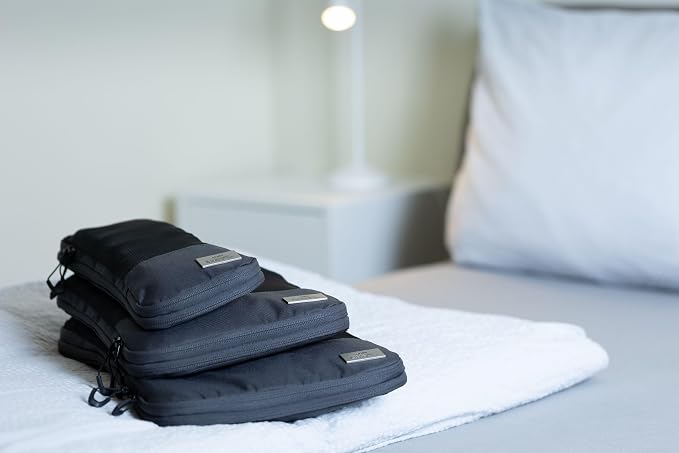 TROIKA Travel Compression Bags Set Blue Cycle Packing Cubes - 3 Zip Bags for Space-Saving Packing Clothes in Suitcase & Backpack - Recycled Sea Plastic - Dark Grey - Image 6