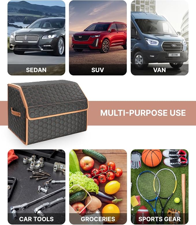 Owleys Sedan Trunk Organizer 17.7" Storage Tote For Groceries, Tools & Travel Gear - Foldable Eco-Leather Car Crate With Magnetic Lid | Stylish Presents For Drivers | Black-Brown (Hexy 17) - Image 6