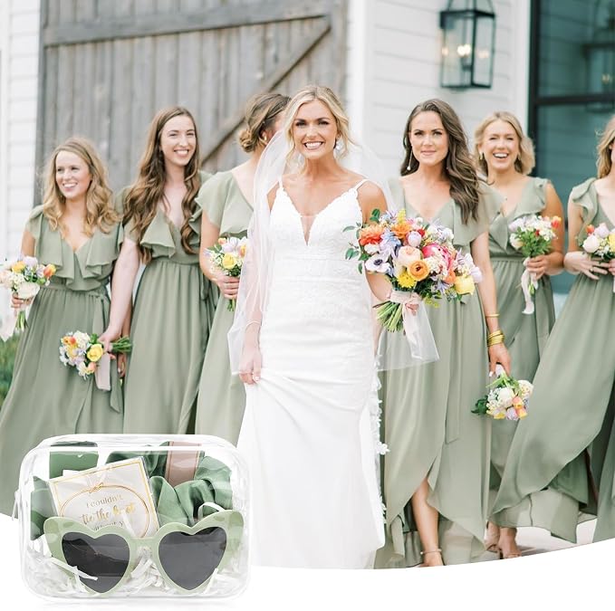DEEKA 30 Pcs Bridesmaid Proposal Bag Set Gift Clear Makeup Toiletry Bag Bachelorette Party Favors Sunglasses Hair Claw Clips Scrunchies Knot Bracelets Bridal Wedding Party Gifts (Sage Green) - Image 6