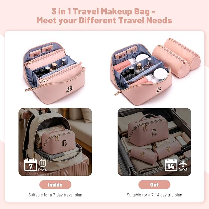 BOYATU Makeup Bag Gift for Women: 3-in-1 Travel Personalized Cosmetic Bag | Initial Make up Bag - Monogram A-Z - Vegan Leather Flat Open Toiletry Organizer - Ideal Gift Set for Birthday Graduation - Image 5