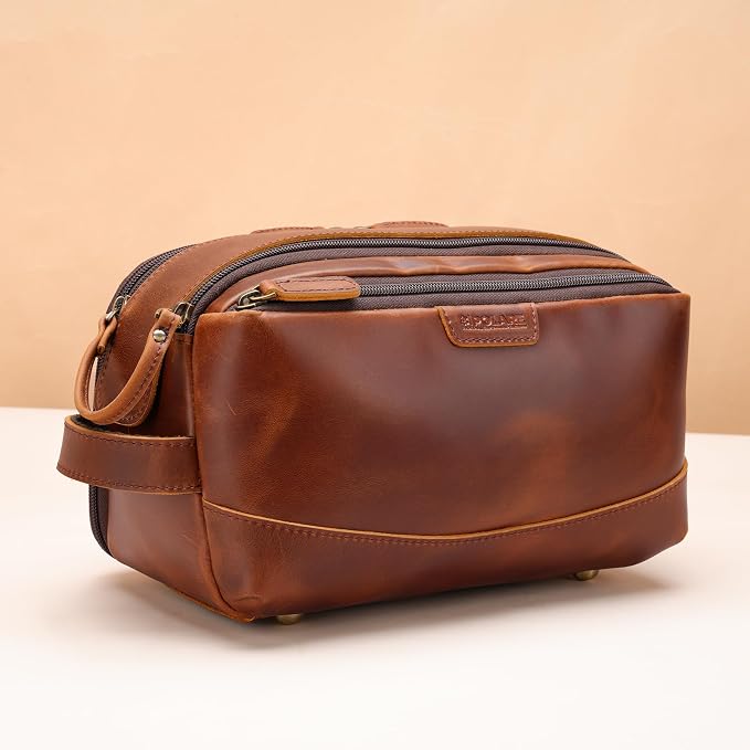 Polare Full Grain Leather Toiletry Bag for Men Large Travel Cosmetic Case Dopp Kit Shaving Kit Wash Pouch with YKK Zippers (Brown) - Image 3