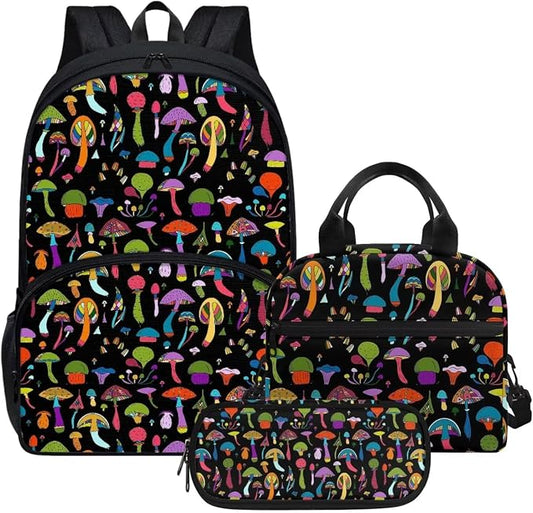 Mushroom Backpack Set for Girls Kids Lightweight Cute School Backpack with Lunch Box Pencil Case Adjustable Strap Padded Book Bag Insulated Lunch Bag by Parprinty
