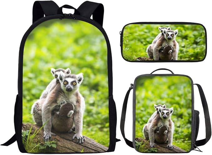 Kids Novelty Animal Backpack and Lunch Box for Boys Girls Student Lightweight 17 Inch School Lemur Backpack with Lunch Bag Pencil Case Kids Comfy Padded Black Large Bookbag - Image 2