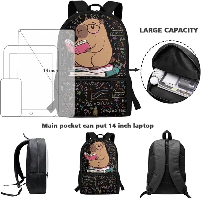 Black Capybara Children School Backpack Boys Girls Bookbags Set Laptop Backpack Kids Lunch Tote Bag Pencil Case Set 3 in 1 - Image 2