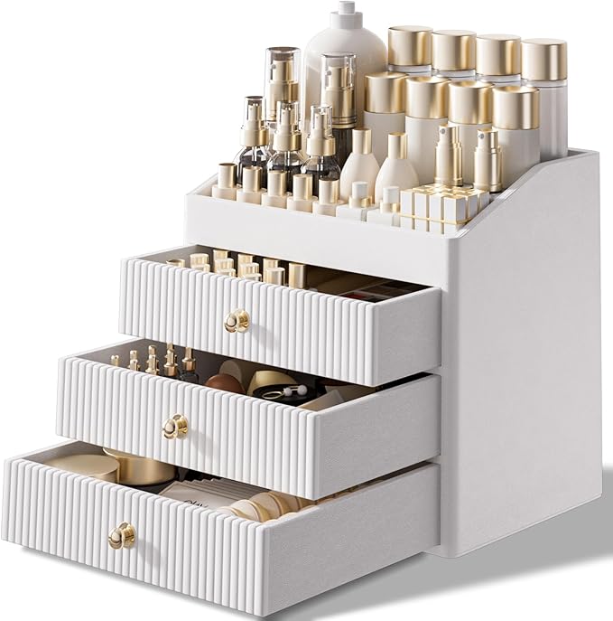 LADSTAG Vanity Organizers,Luxury Skincare Organizer with 3 Tier Drawers,Beige White Large Capacity Cosmetic Organizer Countertop for Makeup Brush,Dresser,Bedroom,Bathroom,Mom Gifts,Mom Birthday Gifts by LADSTAG