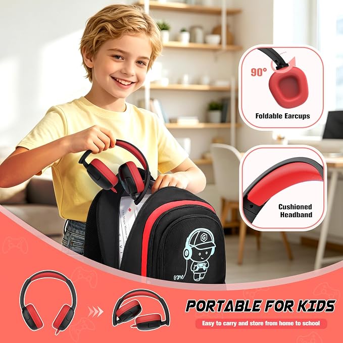 Bevalsa Backpack for School Boys,Cool Luminous Gamer Boys Backpacks with Wired Headphones Lunch Box Pencil Case,Kids Schoolbag for Teens Kindergarten Elementary School(Red Backpack with Headphones) - Image 6